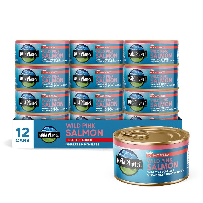 Photo 1 of Wild Planet Wild Pink Salmon, Skinless Boneless, No Salt Added, Tinned Fish, Canned Salmon, Sustainably Caught, Non-GMO, Kosher, Gluten Free, Keto and Paleo, 6 Ounce (Pack of 12)
