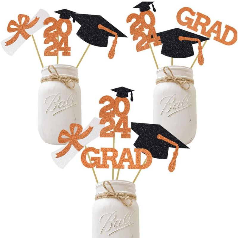 Photo 1 of Orange 2024 Graduation Centerpiece Sticks Graduation Party Centerpieces for Tables 2024, Graduation Table Toppers 2024 Orange Class of 2024 Graduation Table Centerpieces Decorations - 24Pcs