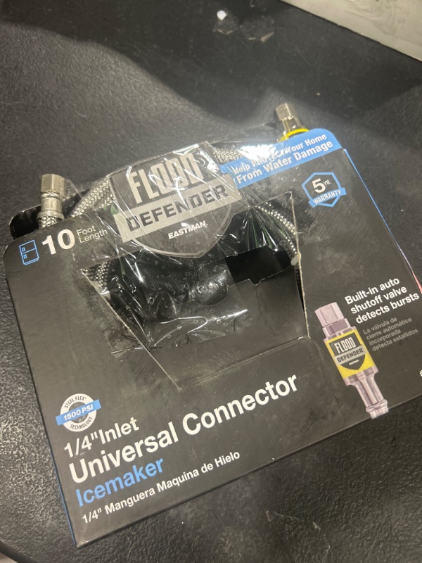 Photo 1 of Eastman Ice Maker Connector, 1/4 Inch Compression, Flood Defender Auto Shutoff Valve, 10 Foot Flexible Braided Stainless Steel Hose, 98554