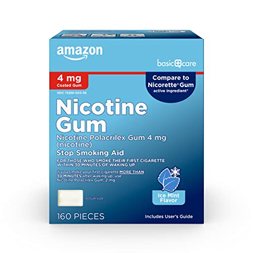 Photo 1 of Amazon Basic Care Coated Nicotine Polacrilex Gum 4 Mg, Ice Mint Flavor, Stop Smoking Aid, 160 Count
