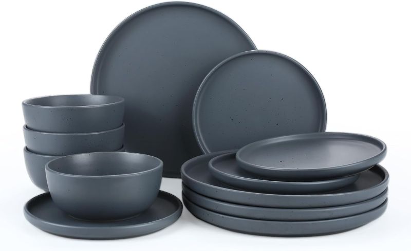 Photo 1 of Famiware 12 Piece Plates and Bowls Set, Dawn Speckled Dinnerware Sets for 4, Matte Dish Set, Microwave and Dishwasher Safe, Dark Grey… Dawn Dark Gray