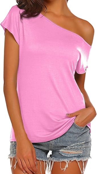 Photo 1 of Halife Women's Off The Shoulder Tops Summer Casual Short Sleeve T Shirts Pink XL