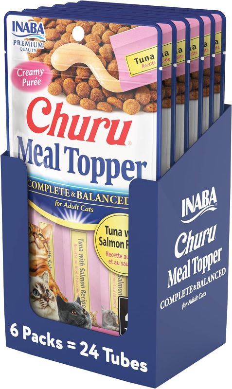 Photo 1 of INABA Churu Meal Topper for Cats, Complete & Balanced, Creamy, Lickable Purée Cat Food Topper, 0.5 Ounce Tube, 24 Tubes (4 per Pack), Tuna with Salmon Recipe

