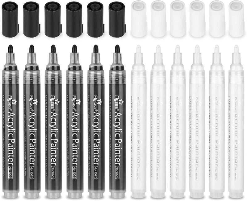 Photo 1 of 12 Pack Easter Paint Pens, Acrylic Paint Markers for Easter Egg, 2-3mm Acrylic Markers for Rock Painting Stone Ceramic Glass Wood Plastic Glass Metal Canvas, White & Black Water-based 