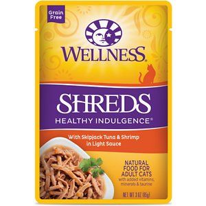 Photo 1 of Wellness Healthy Indulgence Natural Grain Free Wet Cat Food Shreds Tuna & Shrimp 3-Ounce Pouch (Pack of 24)Best By June 27 2024
