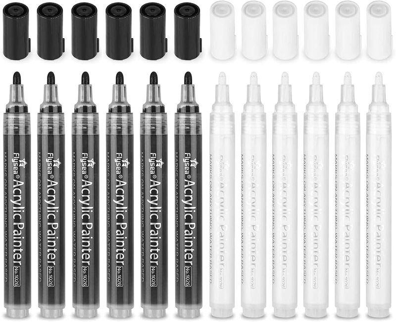 Photo 1 of 12 Pack Easter Paint Pens, Acrylic Paint Markers for Easter Egg, 2-3mm Acrylic Markers for Rock Painting Stone Ceramic Glass Wood Plastic Glass Metal Canvas, White & Black Water-based
