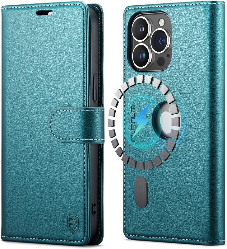 Photo 1 of Magnetic Case for iPhone 15 Pro Max Logo View with RFID Blocking Credit Card Holder,[Compatible with MagSafe] PU Leather Folio Flip Kickstand Shockproof Cover Women Men(Blue-Green)
