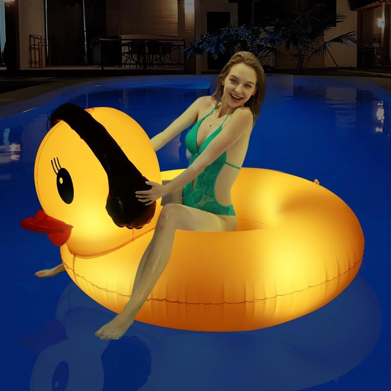 Photo 1 of DeeprBetter Inflatable Duck Pool Float with Lights, Solar Powered Pool Inflatables Duck Floaties for Adults Kids, 42" Large Animal Swim Tube Ring Pool Float with Fast Valves Summer Beach Pool Lounge
