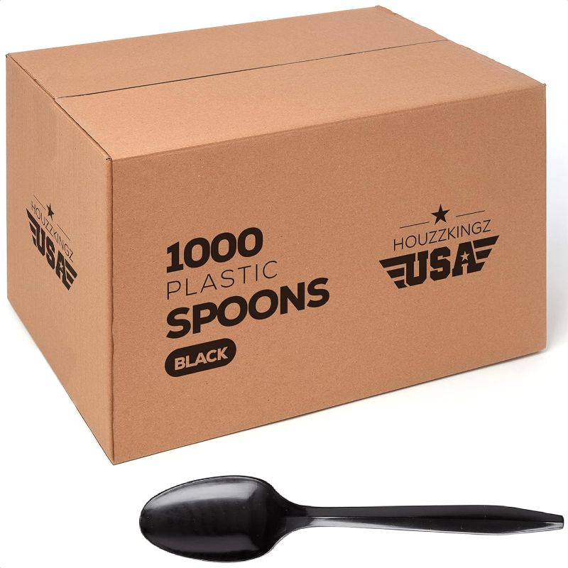 Photo 1 of  1000 Plastic Spoons Black Medium Weight | Plastic Cutlery Disposable Teaspoons Utensils | Bulk Durable Plasticware Cutlery | Great For Celebrations, Parties, Travels, Events, And Everyday Use 