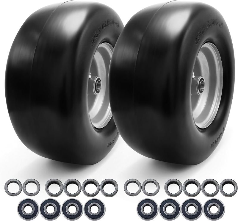 Photo 1 of 13x6.5-6 Flat Free Tire,2 Pcs Solid Smooth Lawn Mower Tires Assembly with 3/4" 5/8" and 1/2" Precision Bearings,Zero Turn Mower Assembly for Commercial Garden Lawns, 5.5"-7.5" Center Hub. (Gray)
