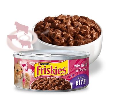 Photo 1 of  Friskies Meaty Bits with Beef in Gravy Canned Cat Food 5.5-oz, Case of 24 BEST BY APR 2026