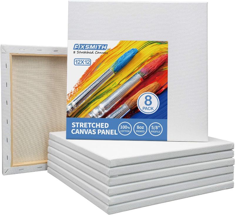 Photo 1 of  FIXSMITH Stretched White Blank Canvas- 12x12 Inch,Bulk Pack of 8,Primed,100% Cotton,5/8 Inch Profile of Super Value Pack for Acrylics,Oils & Other Painting Media 