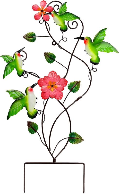 Photo 1 of  Juegoal 28 Inch Hummingbirds Garden Stake Decor, Colorful Look & Personalities Flowers Metal Wall Art Spring Decoration, Yard Outdoor Lawn Pathway Patio Ornaments 