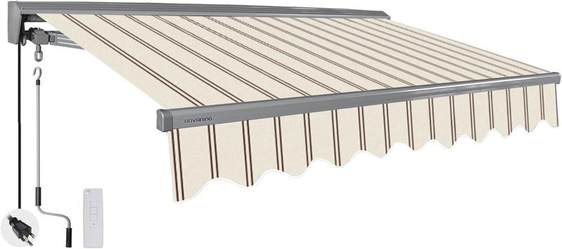 Photo 1 of ADVANING Classic Series 12'X10' Electric Retractable Awning, 100% Acrylic UV+ Sun Shade Canopy, Beige w/Brick Red Stripes, EA1210-A332H
