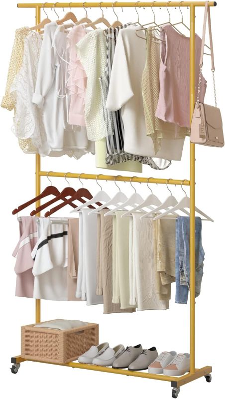 Photo 1 of  Sywhitta Double Rod Clothing Garment Rack, Rolling Clothes Organizer on Wheels for Hanging Clothes, Easy to Assemble, Adjustable, Gold 