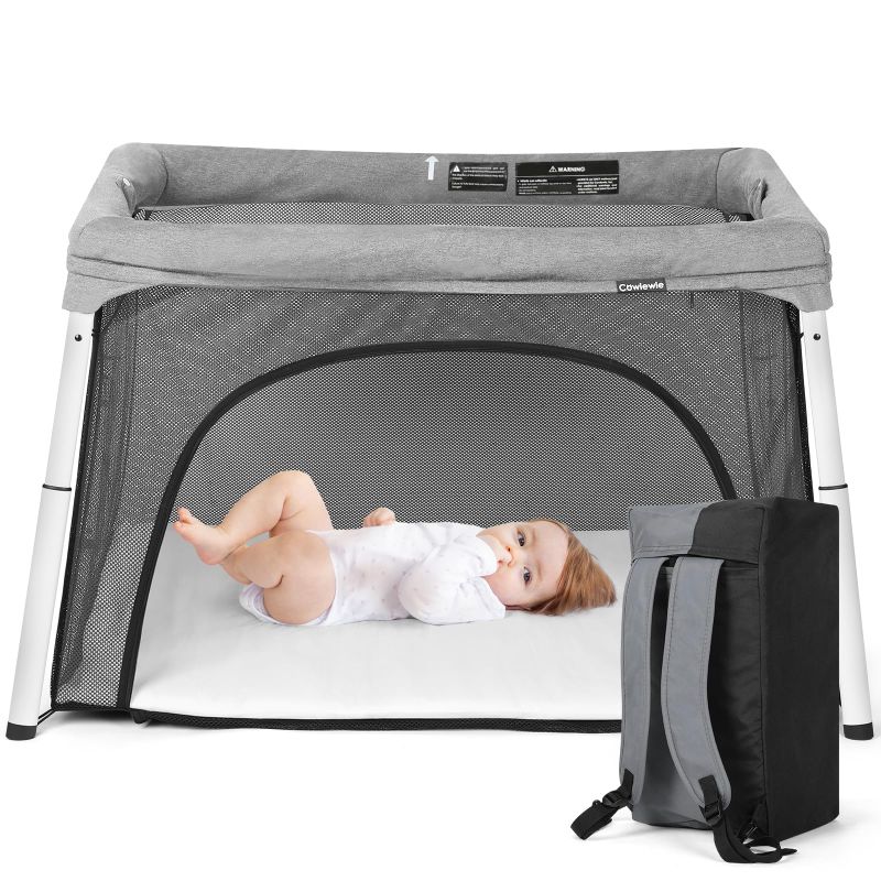 Photo 1 of Cowiewie Portable Travel Crib Playard?0-3 years, Unisex? with Insulation Mattress, Breathable and Washable Playpen, Light Gray