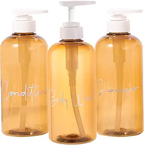 Photo 1 of 3pcs 16oz /500ml Shampoo and Conditioner Dispenser Bottles Lasers Silver Reflective Font Plastic Clear Empty Pump Bottle Dispenser Set for Body Wash Shampoo Conditioner Lotion (Amber)
