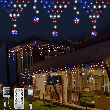 Photo 1 of 4th of July Decorations Outdoor- 218 Led 13.8ft Waterproof Red White Blue Hanging Patriotic Light with 12 Drops for Christmas, Holiday, Independence Day, Memorial Day, Yard, Indoor and Outdoor
