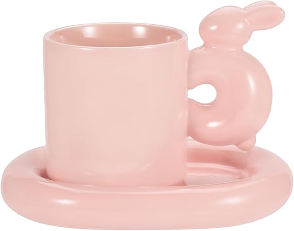 Photo 1 of Ceramic Coffee Cup and Saucer Set, Cappuccino Espresso Demitasse Cute Rabbit Handle Mug with Oval Saucer, 8.5oz Perfect for Milk Tea Latte Oatmeal (Pink)