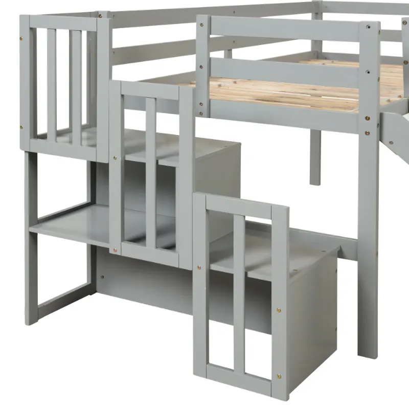 Photo 1 of *Box 2 of 2* Loft Bed With Staircase, Storage, Slide, Twin Size - 1: twin-white-pine

