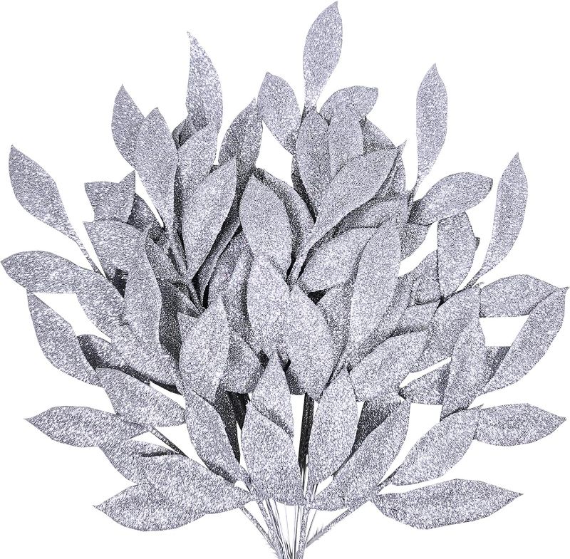 Photo 1 of 20 Pieces Artificial Silver Glitter Leaf Spray Leaf Picks 13" Tall for Christmas Winter Wedding Wreath Tree Swag Floral Arrangment Vase Bouquets Table Centerpieces Decoration
