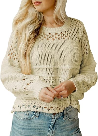 Photo 1 of Dokotoo Women's Lantern Long Sleeve Sweater Tops Crewneck Crochet Hollow Out Knit Pullover Jumper Tops SIZE 2XL