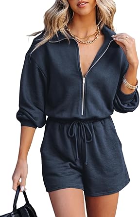 Photo 1 of BLENCOT Women's Half Zip V Neck Short Rompers Long Sleeve One Piece Outfit Casual Drawstring Waist Jumpsuits with Pockets SIZE M 