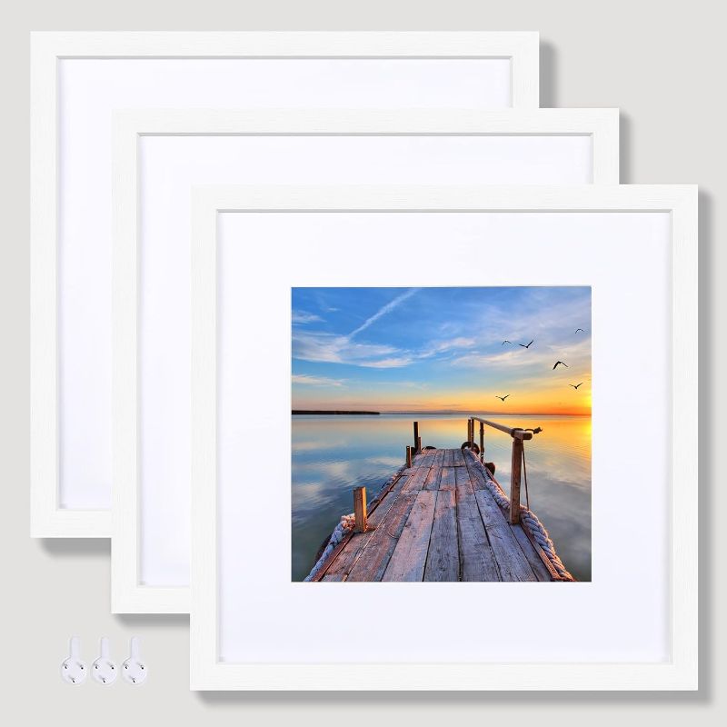 Photo 1 of 12x12 White Picture Frame set of 3, Made of Wooden Square Photo frame - Displays Picture 8x8 With Mat or 12 x 12 Without Mat, Desktop & Wall Collage Photo Frame