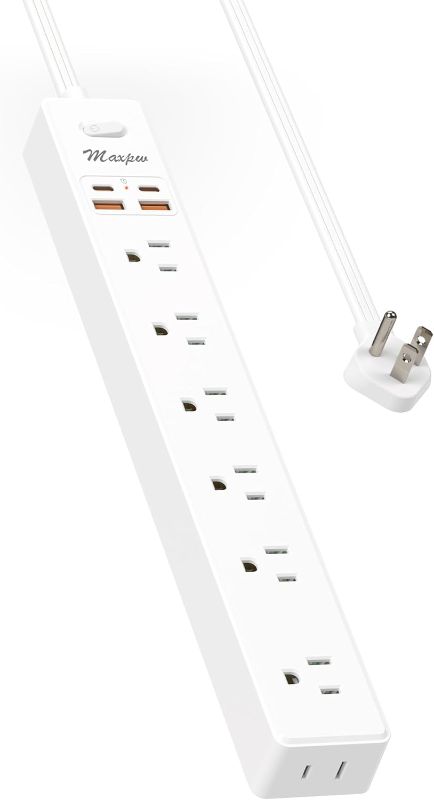 Photo 1 of 10 Ft Power Strip Surge Protector - 7 Outlets 4 USB Ports (2 USB C), Maxpw Ultra Thin Flat Extension Cord & Flat Plug, 1700 Joules, Wall Mount, Desk Charging Station for Home Office Dorm, White