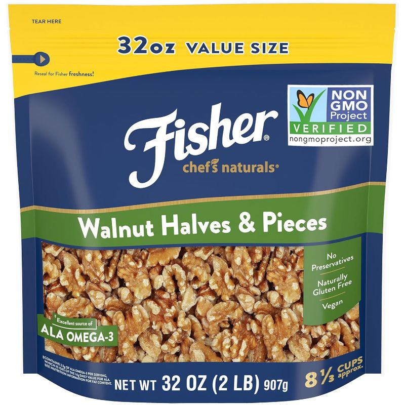 Photo 1 of  Fisher Chef's Naturals Walnut Halves & Pieces 2 lb, 100% California Unsalted Walnuts for Baking & Cooking, Snack Topping, Resealable Bag, Great with Yogurt & Cereal, Vegan Protein, Keto Snack, BEST BY 31 AUG 2024