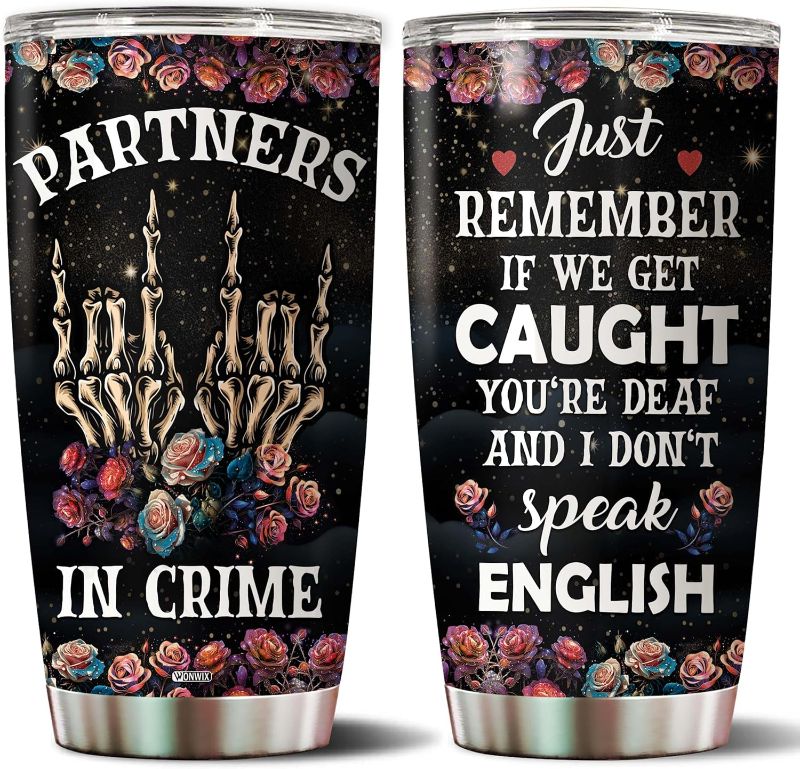 Photo 1 of  Friend Gifts Partners in Crime Stainless Steel Tumbler 20oz Travel Mug Coffee Cup Friendship Gift for Women Friend Men Work Bestie Soul Sister Coworker On Christmas Birthday 