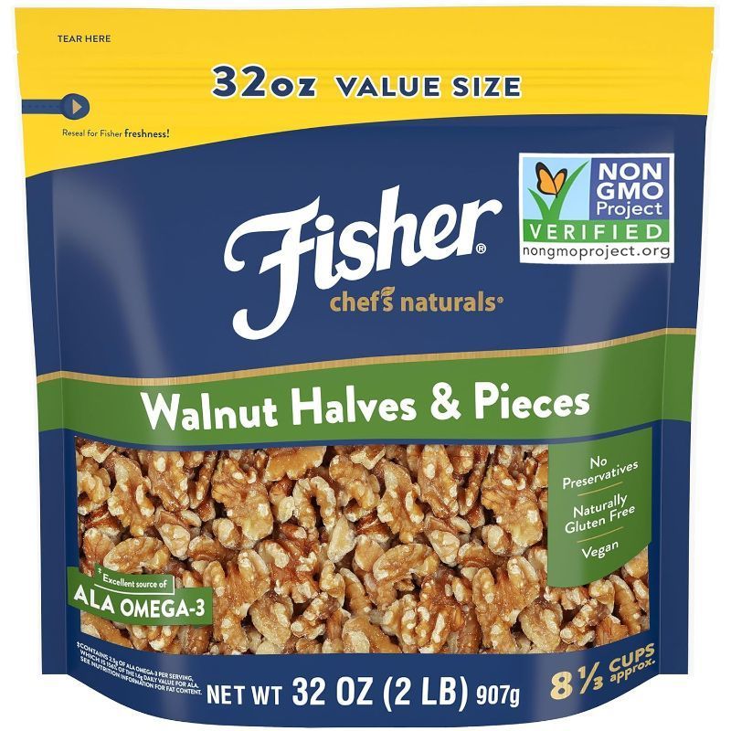 Photo 1 of  Fisher Chef's Naturals Walnut Halves & Pieces 2 lb, 100% California Unsalted Walnuts for Baking & Cooking, Snack Topping, Resealable Bag, Great with Yogurt & Cereal, Vegan Protein, Keto Snack BEST BY 31 AUG 2024