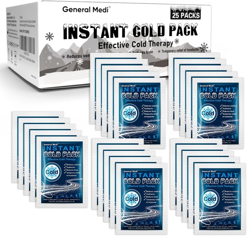 Photo 1 of  General Medi Instant Ice Cold Pack (4”x 5.5”) – 25 Packs Disposable Cold Therapy Ice Packs for Pain Relief, Swelling, Inflammation, Sprains, Toothache – for Athletes & Outdoor Activities 