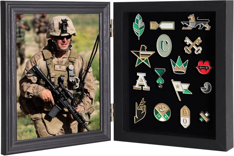 Photo 1 of  Pin Display Case Picture Frame with 98% Uv Protection Acrylic Door for Military Medals, Beach Tags, Jewelry Pins, Pin Gift, Insignia Ribbons,Display Picture 7x9 or 6x8 with Mat 