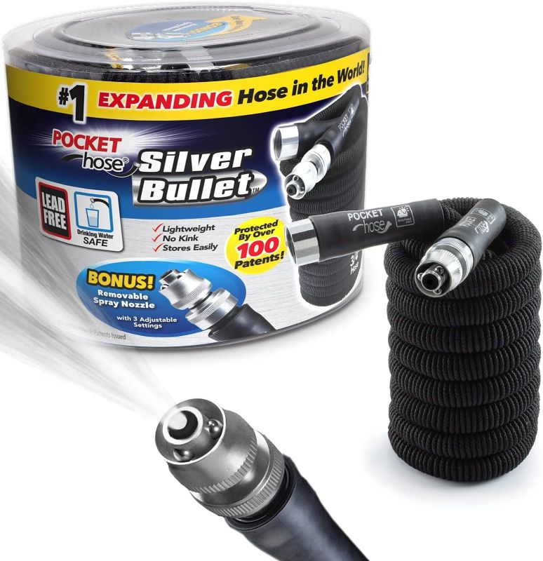 Photo 1 of  Pocket Hose Silver Bullet 25 ft Turbo Shot Nozzle Multiple Spray Patterns Expandable Garden Hose 3/4 in Solid Aluminum Fittings Lightweight and No-Kink 