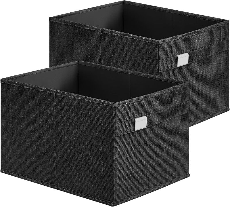 Photo 1 of  SONGMICES Storage Organisers, Set of 2 Wardrobe Storage Baskets, 40 x 30 x 25 cm, 2 Handles, Foldable, Oxford Fabric and Linen-Look Fabric, Washable, Metal Label Holders, Ink Black ROB240B02 