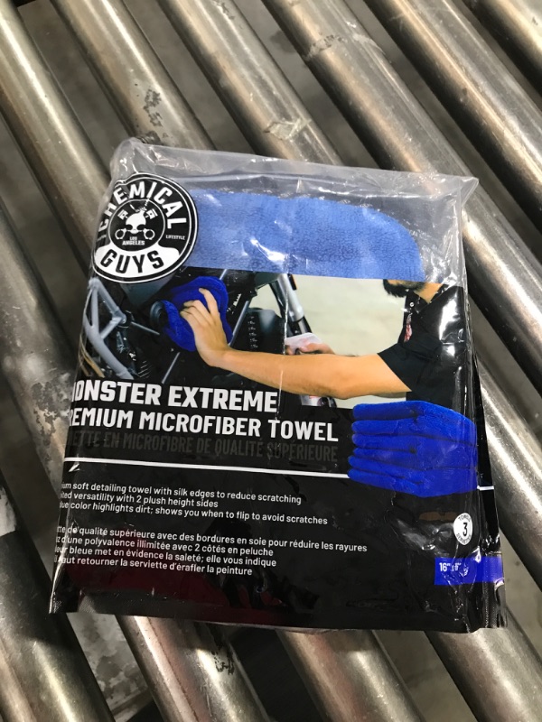 Photo 2 of  Monster Extreme Thickness Towel for Car Washs 3 Pack, Blue, 16" X 16" | Microfiber Cloth/Towel | Chemical Guys 