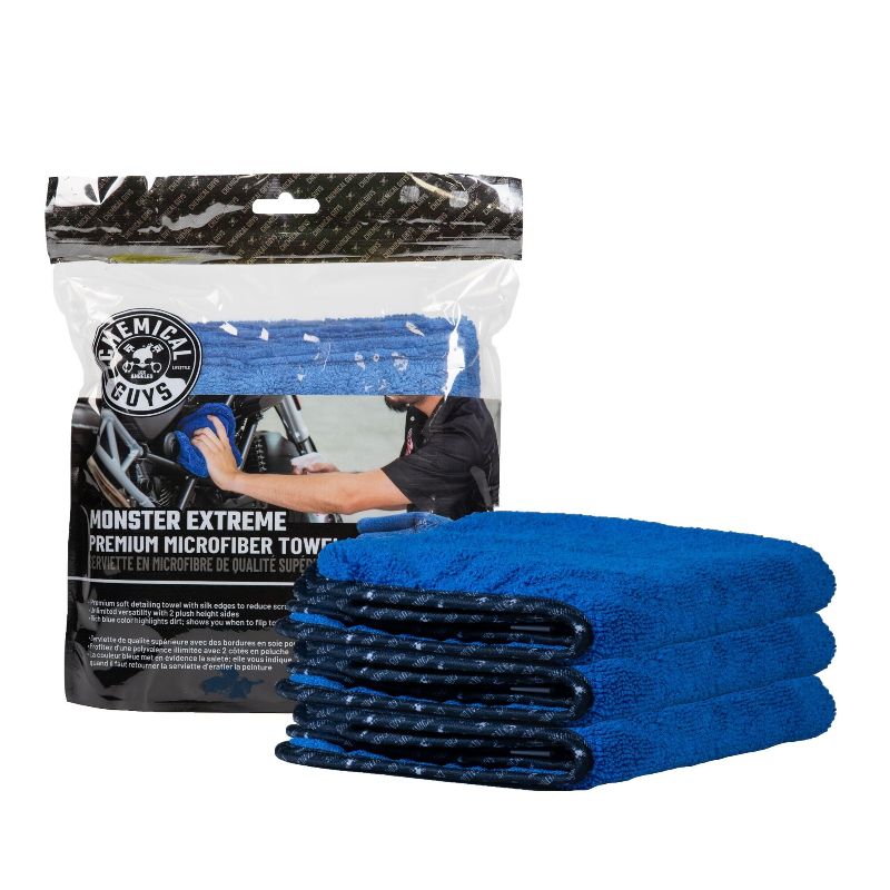 Photo 1 of  Monster Extreme Thickness Towel for Car Washs 3 Pack, Blue, 16" X 16" | Microfiber Cloth/Towel | Chemical Guys 