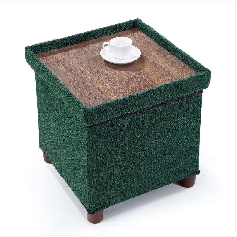 Photo 1 of 15 Inches Storage Ottoman with Wooden Legs, Cube Foot Rest Stool/Square Footstool Storage for Living Room, Foldable Fabric Ottoman, Comfortable Seat with Lid, Space-Saving Green 