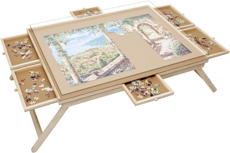 Photo 1 of  Wooden Folding Puzzle Table with 6 Sliding Drawers and Puzzle Cover, 26"x 34", Puzzle Table with Legs, Suitable for Adults and Children, can Hold 1500 Pieces 