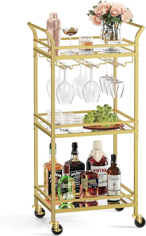 Photo 1 of  VASAGLE 3-Tier Drinks Trolley, Gold Bar Cart on Wheels, with Handles, Mirrored Glass Shelves, Serving Trolley for Small Spaces, Kitchen, Dining Room, Bathroom, Living Room, Home Bar, Gold LRC091A62 