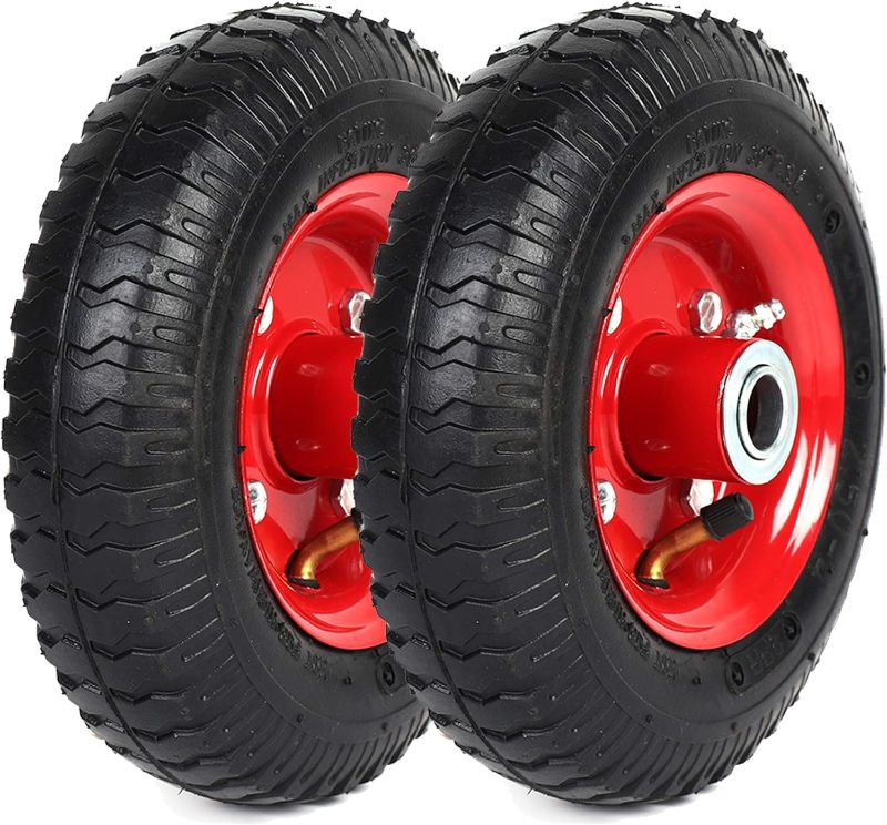 Photo 1 of (2-Pack) 2.80/2.50-4" Tire and Wheel Set - 8 Inch Wheelbarrow Tire and Wheel Replacement with 3/4" Bearings and 3" Centered Hub - Extra Adapter kit includes 1/2" Bearings