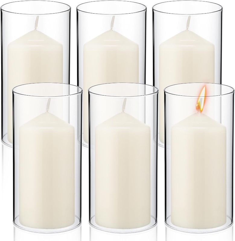 Photo 1 of 6 Set Hurricane Candle Holder Sleeve with Unscented Pillar Candles Clear Glass Cylinder Candleholder Open Ended Glass Candle Cylinders Bottomless Chimney Tube Candle Shade Bulk (2.5 x 6 Inch)
