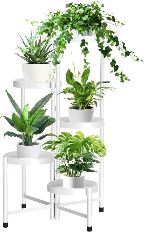 Photo 1 of 5 Tier Metal Plant Stand Shelf for Indoor Outdoor, Rustproof Corner Flower Pot Holder Stand, Multi-tier Foldable Planter Rack Display Shelves for Patio Living Room Balcony Office (White)
