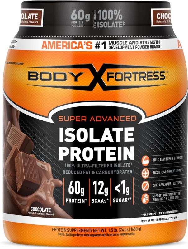 Photo 1 of Body Fortress Super Advanced 100% Ultra-Filtered Isolate Protein Powder, Chocolate, 60g Protein & 12g BCAAs Per 2 Scoops, Muscle Gain & Recovery, Immune Support with Vitamins C & D, 1.5lbs
