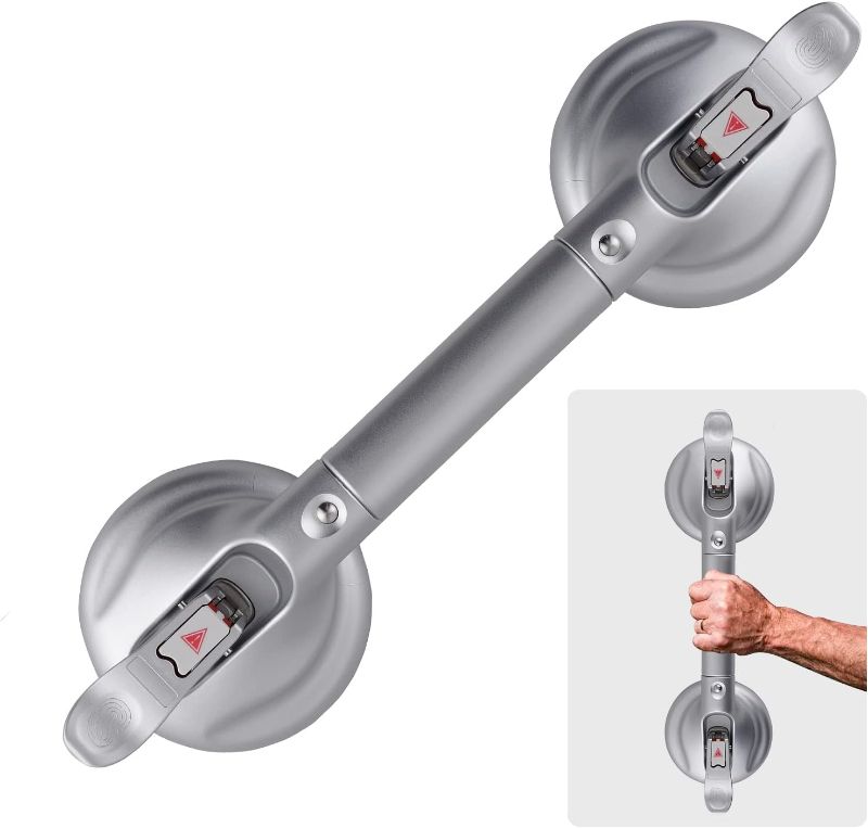 Photo 1 of Heavy Duty Suction Shower Grab Bar - Toilet Bathroom Bathtub Safety - Shower Handles, Suction Cup Power Up to 250 LB, Perfect for Elderly Seniors(14.5 Inch, Gray Silver)
