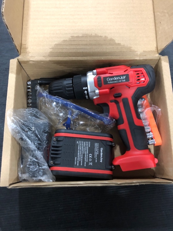 Photo 2 of GardenJoy Cordless Power Drill Set: 21V Electric Drill with Fast Charger 3/8-Inch Keyless Chuck 2 Variable Speed 24+1 Torque Setting Power Tools Kit and 30pcs Drill/Driver Bits 1-red