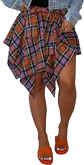 Photo 1 of Plaid Skirts for Women 2022 Fall Winter Casual Asymmetrical Flowy Mini Skirt Purple Orange S