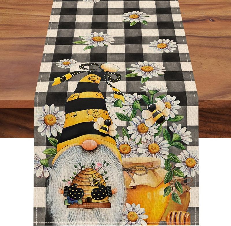 Photo 1 of Seliem Spring Bee Gnome Table Runner Honey Black White Buffalo Plaid Check Home Kitchen Dining Decor Summer Seasonal Farmhouse Daisy Decorations Indoor Outdoor Anniversary Party Supply 13x120 Inch 