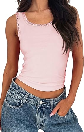 Photo 1 of AlvaQ Womens Summer Tank Tops Sleeveless Lace Trim Scoop Neck Ribbed Knit Casual Basic Slim Fitted Cami Tee Shirts Large
